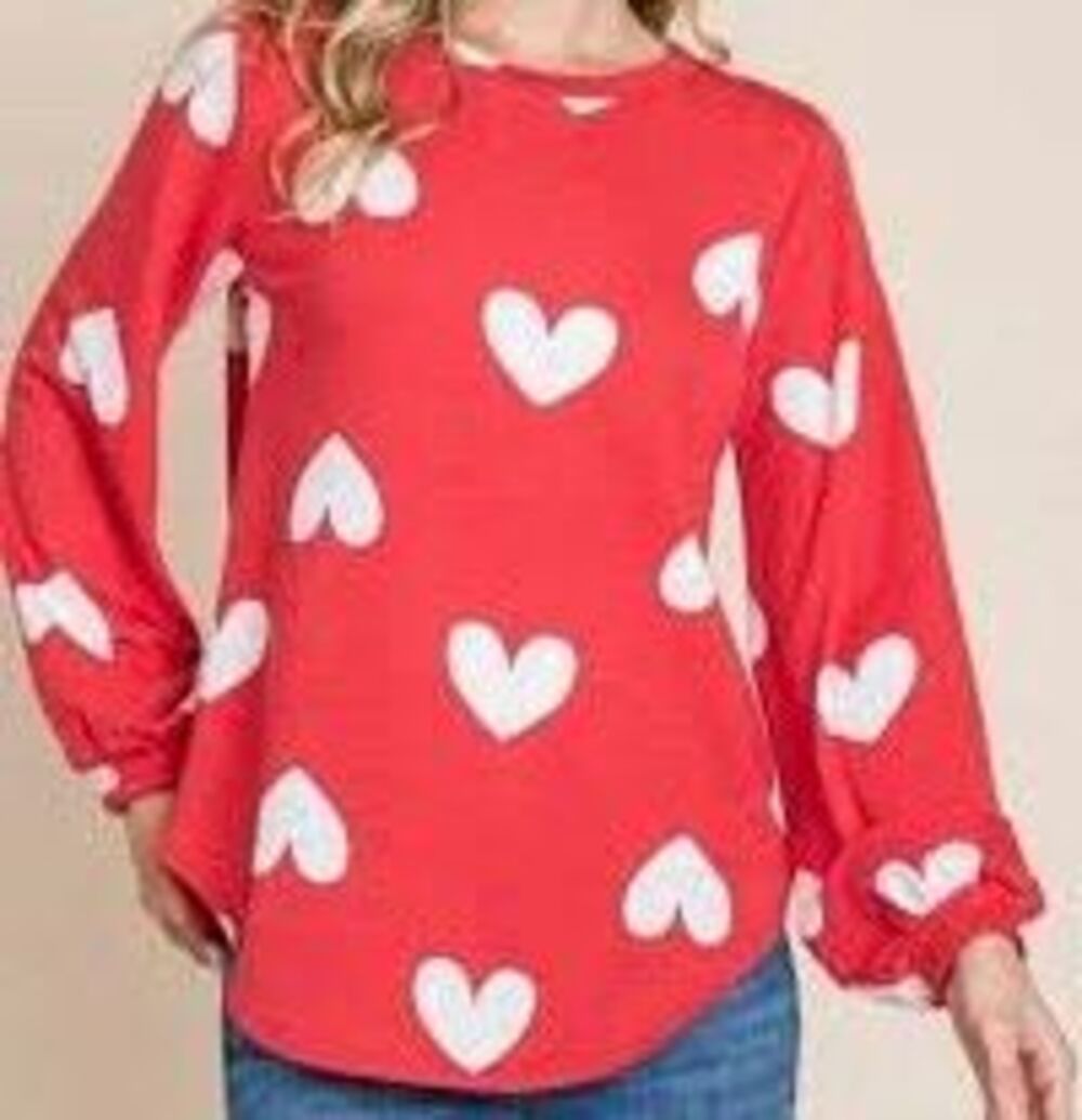 Bombom Women’s Red Heart Long Sleeve Top Size XL NEW